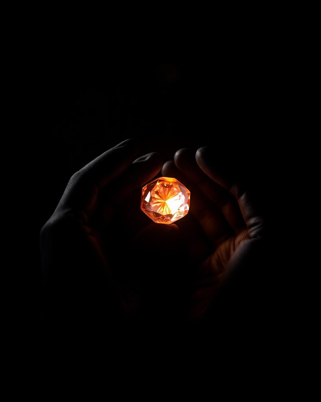 Black-gloved hands holding an illuminated gemstone