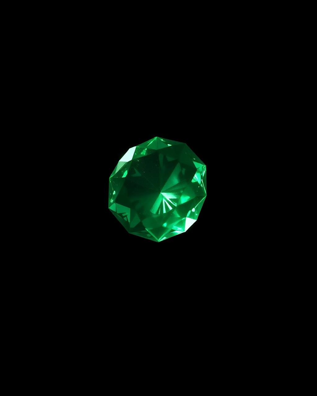 Faceted emerald gemstone in dark space